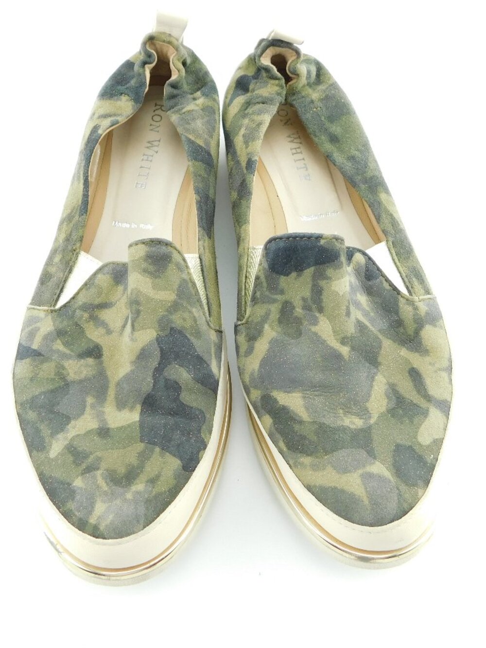 RON WHITE Shimmer Glitter Camouflage Print Leather Slip On Flat Sneakers 39